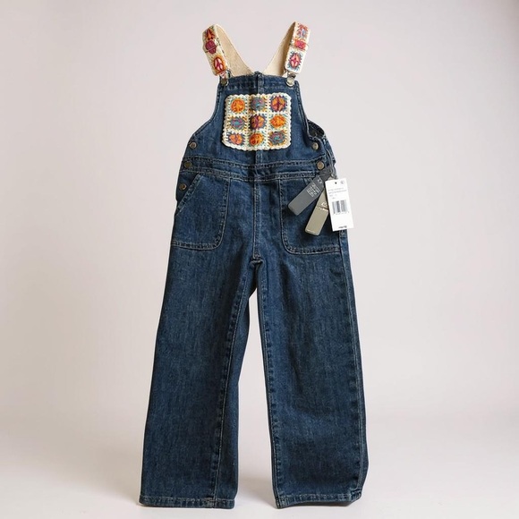 NEW Girls Tractr White Crochet Patch Multi Color Peace ☮️ Denim overalls Indigo - Picture 16 of 16